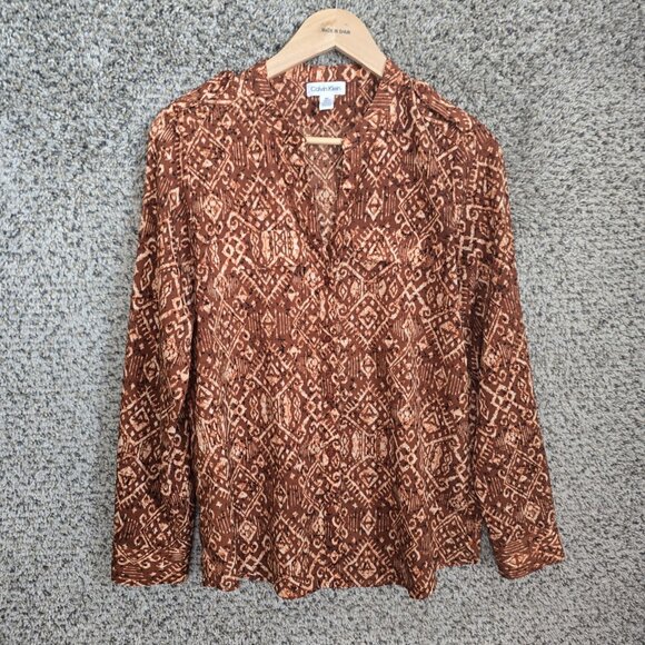 Calvin Klein Top Womens Medium Brown Button Printed Blouse Lightweight Ladies - Picture 1 of 7